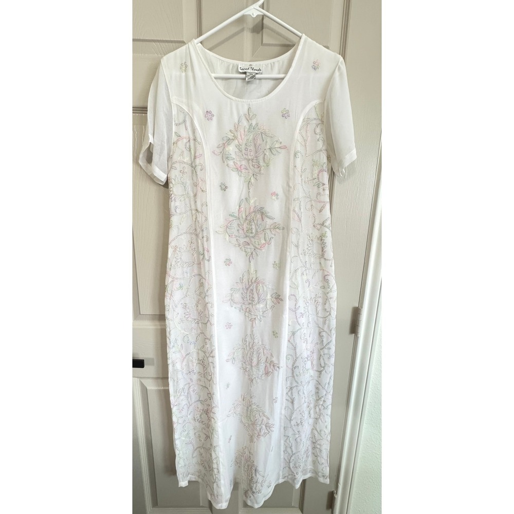 Sacred Threads Dress Women S/M White Floral Embroidered Boho Maxi Tie Back VTG